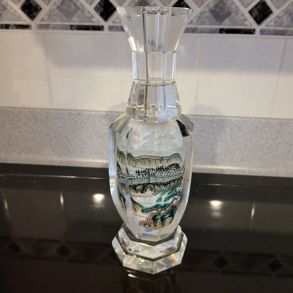 Vintage Jacarte Reverse Hand Painted Crystal Vase 8 1/4"
